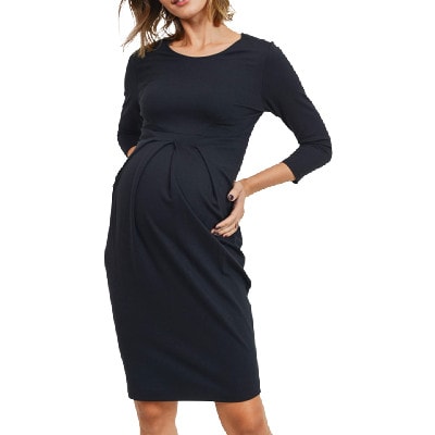 one of the best maternity dresses for the office in 2023: laclef (elbow-sleeve sheath dress with pleats at the belly)