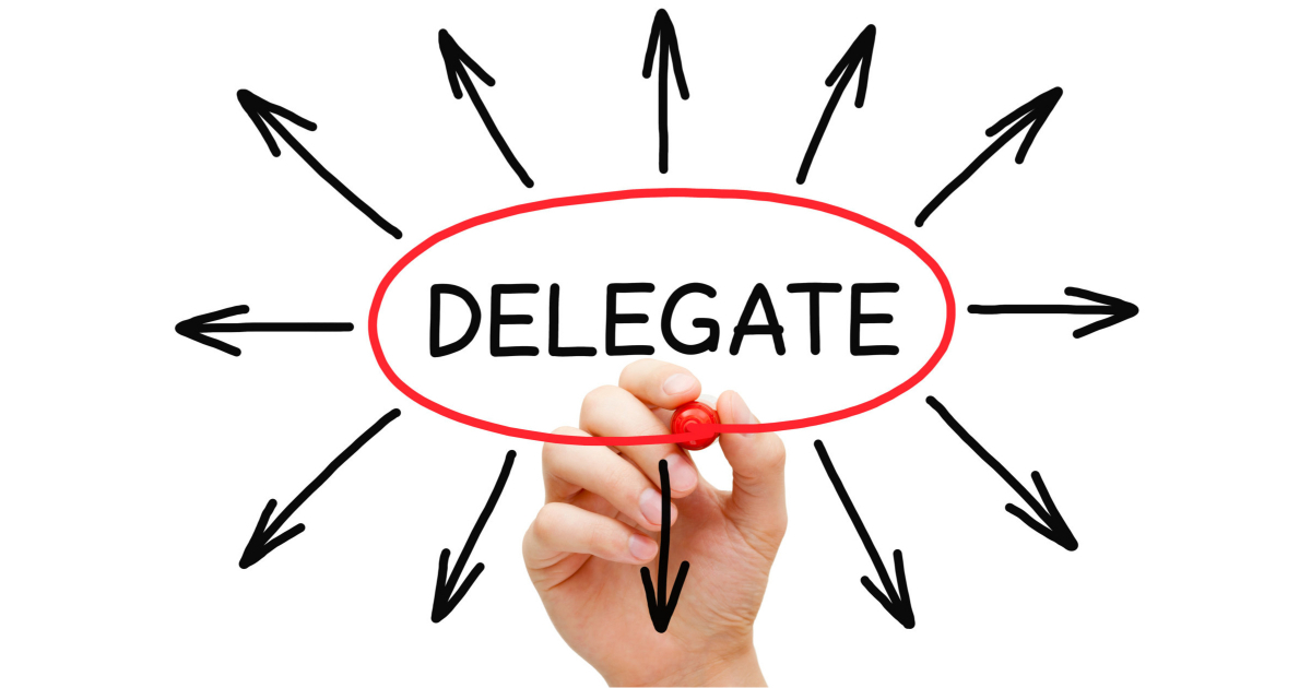 delegating tips handwritten word DELEGATE circled in red with arrows pointing outside of circle