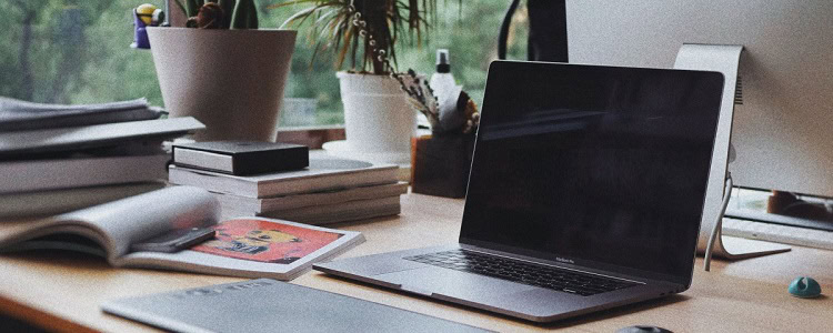 laptop sits on desk in front of window, surrounded by books, plants, and an open magazine