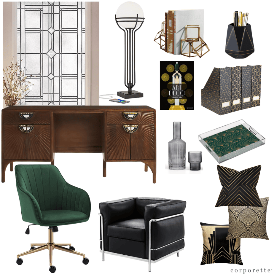 collage of items you can use to add art deco style to your office, including (clockwise from top)
window film, a USB lamp, bookends, a pencil cup, file folders, a serving tray, a carafe, pillows, a black faux Corbusier chair, a velvet swivel desk chair with fluting, and a desk with sunburst patterns on the drawers