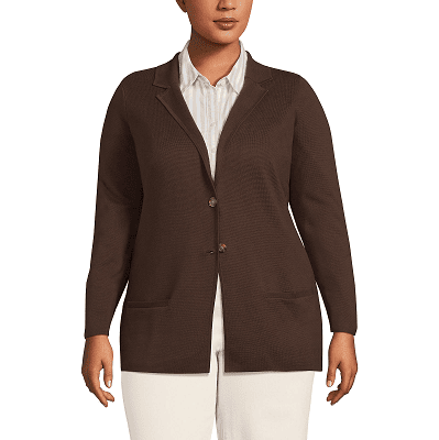 plus-size model wears brown cotton sweater jacket for the office

