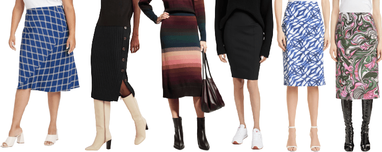 collage of 5 skirts: blue flippy, black knit, stripey, black pencil, blue abstract, pinkish marble