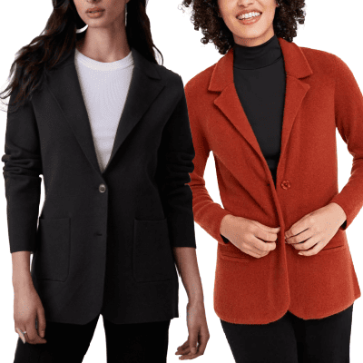 collage of 2 women wearing trendy sweater jackets for the office
