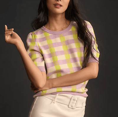 plaid sweater tee in lime, lavender, and beige