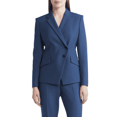professional young woman wears navy pant suit with asymmetric double-breasted buttons