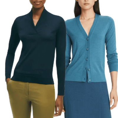 collage of 2 classic sweaters for work, a navy shawl-collar silk-cashmere pullover sweater and a silk-wool cardigan