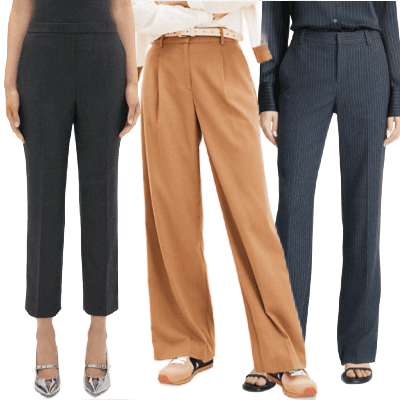 collage of three pairs of warm winter dress pants for women, all made of flannel