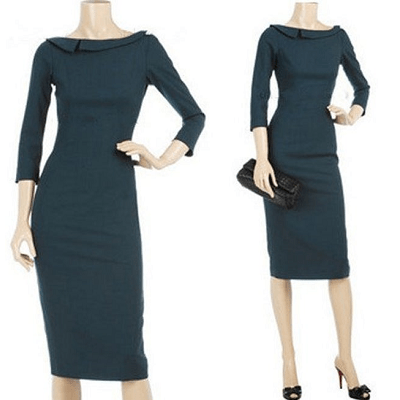 dark green work dress on mannequin; two views of same dress