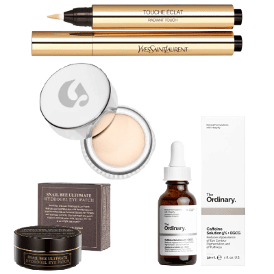 collage of products to deal with dark undereye circles
