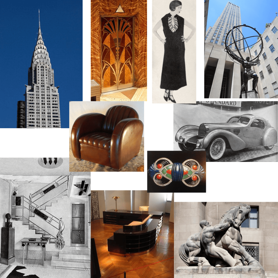 collage of images from Wikipedia entry on Art Deco, clockwise: Chrysler Building, elevators in the Chrysler Building, a dress by Poiret, the sculpture in front of Rockefeller Center, an Art Deco car, a sculpture in front of the Federal Trade Commission,