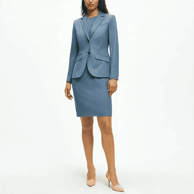 light blue suit with dress instead of skirt