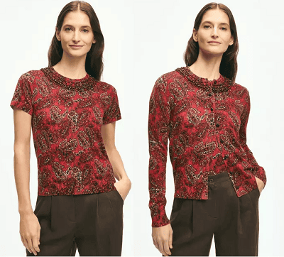 reddish paisley sweater set with beading details