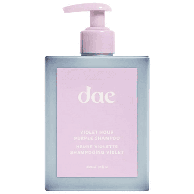 shampoo bottle from brand "dae;" the bottle reads "Violet Hour Purple Shampoo Heure Violette Shampooing Violet"