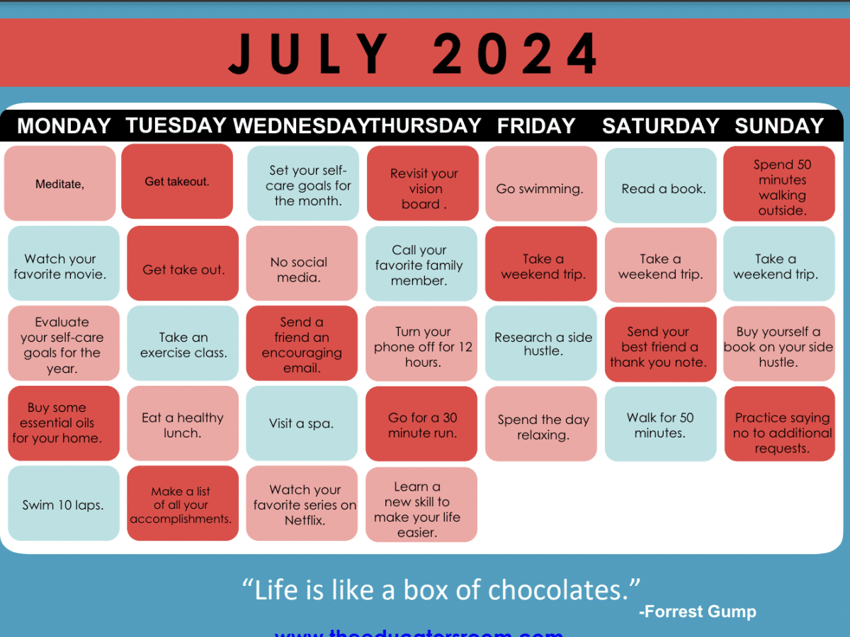 July Self-Care Calendar