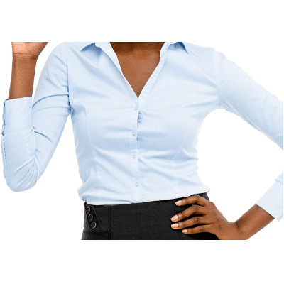 professional woman wears a blue button-front blouse; her blouse is gaping