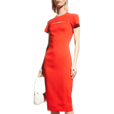 woman wears tomato red work dress with peekabo cutout below crewneck