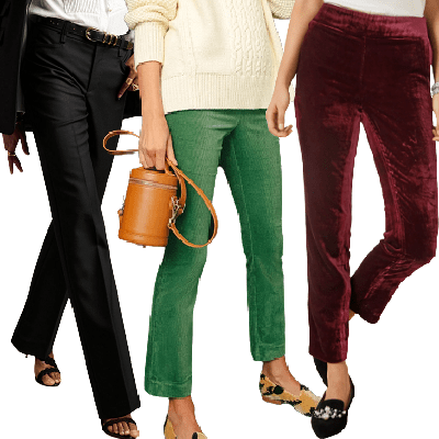 collage of women wearing wool blend, corduroy, and velvet pants (all inexplicably styled with bare ankles)